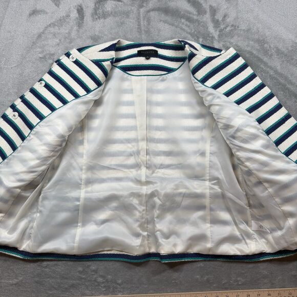 Talbots Striped Fringe Jacket Women’s 14 White Teal Blue Cotton Office Chic - Picture 14 of 14